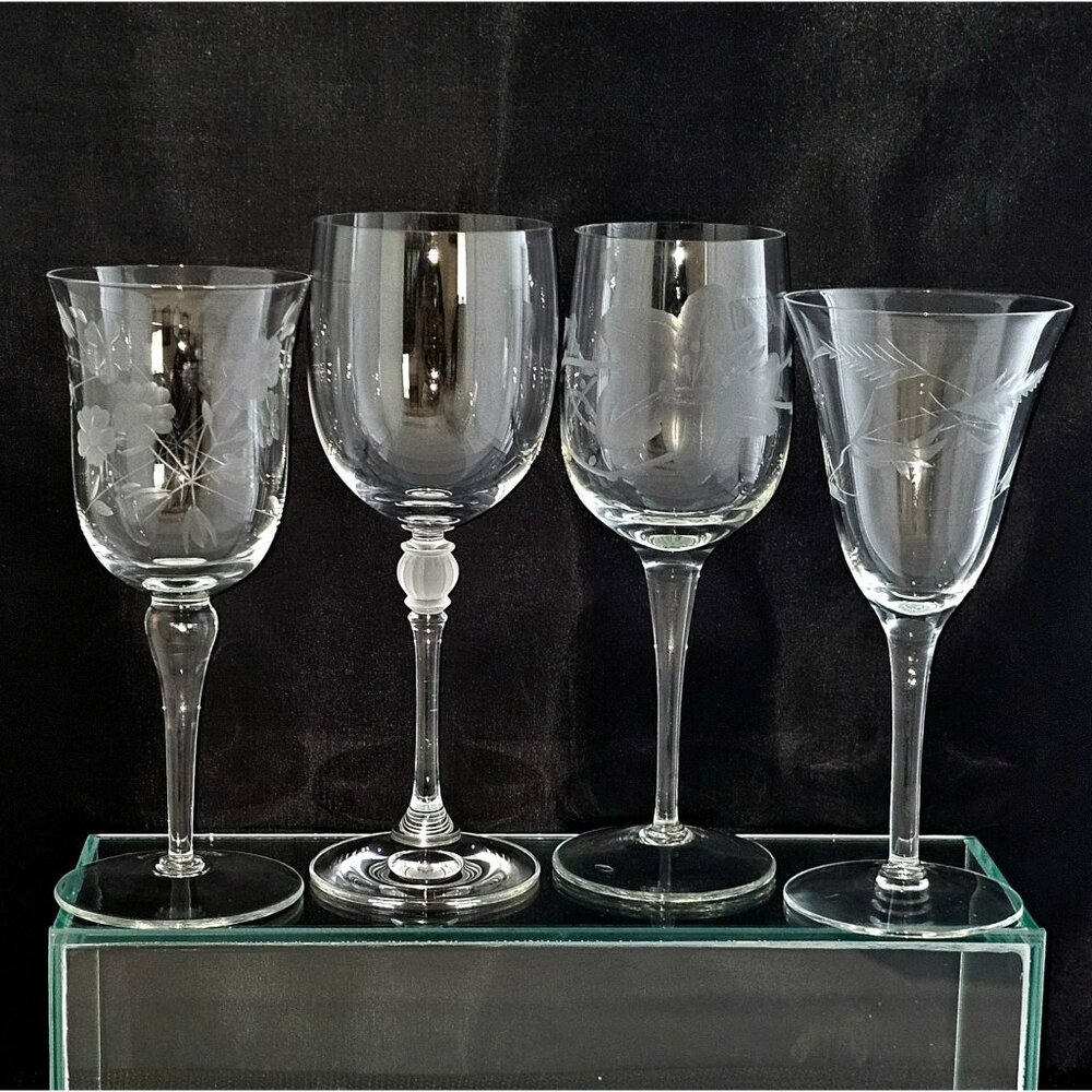 Mismatched Wine Glassware Collection set/4 vintage etched mixed cocktail glasses